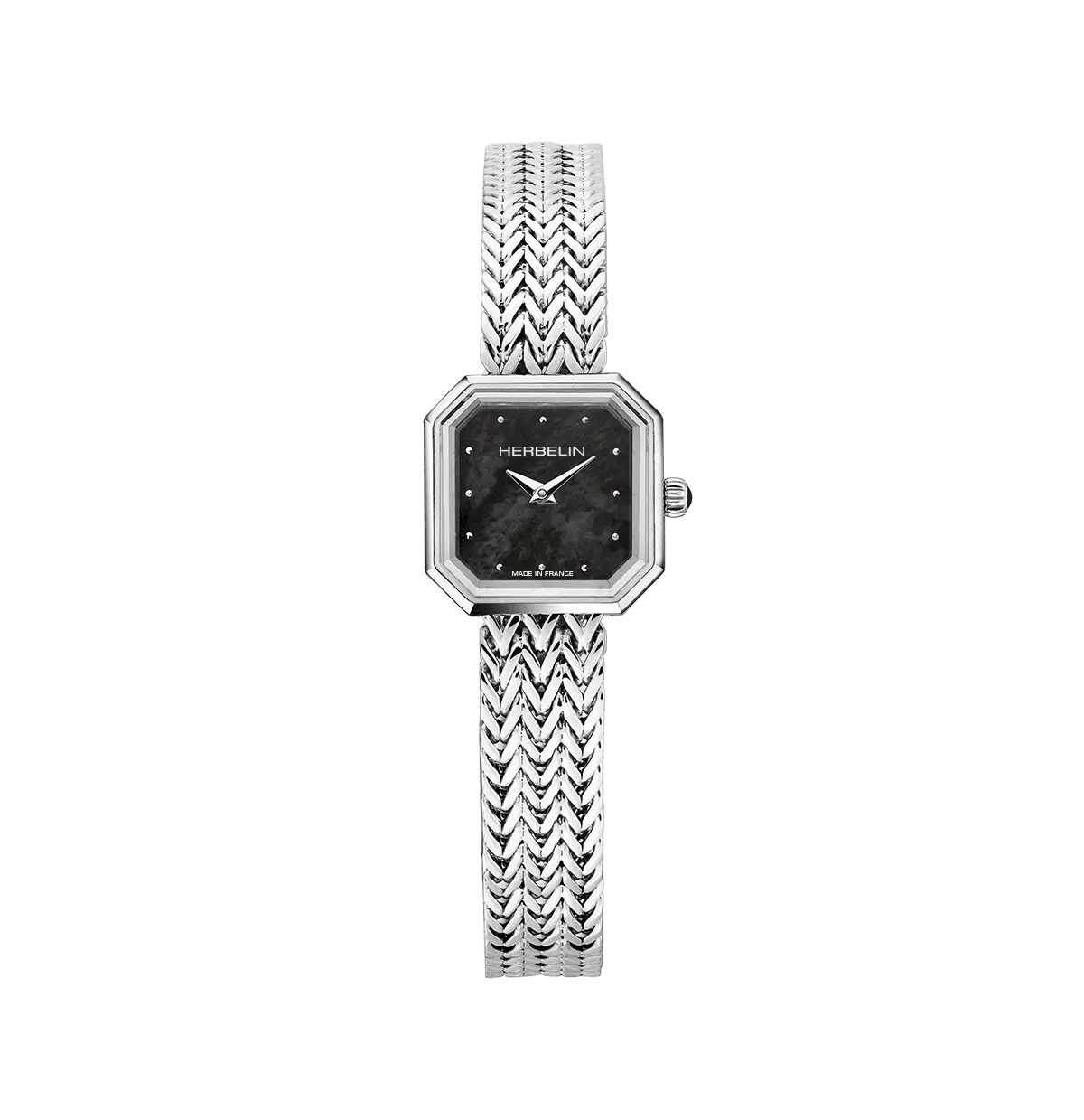 OCTOGÔNE – QUARTZ CARRÉ – ACIER & NACRE NOIRE